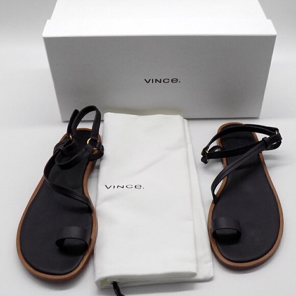 Vince Black Leather Flat Sandals Perrigan Hook and Loop Closure Toe Ring - Picture 1 of 14